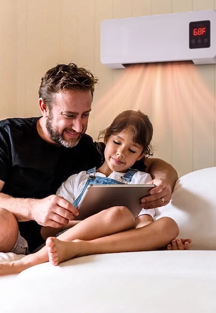 A father and daughter reading under a wall-mounted Cozy Cove Pro