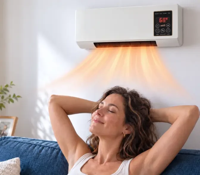 A woman relaxing under a wall-mounted Cozy Cove Pro